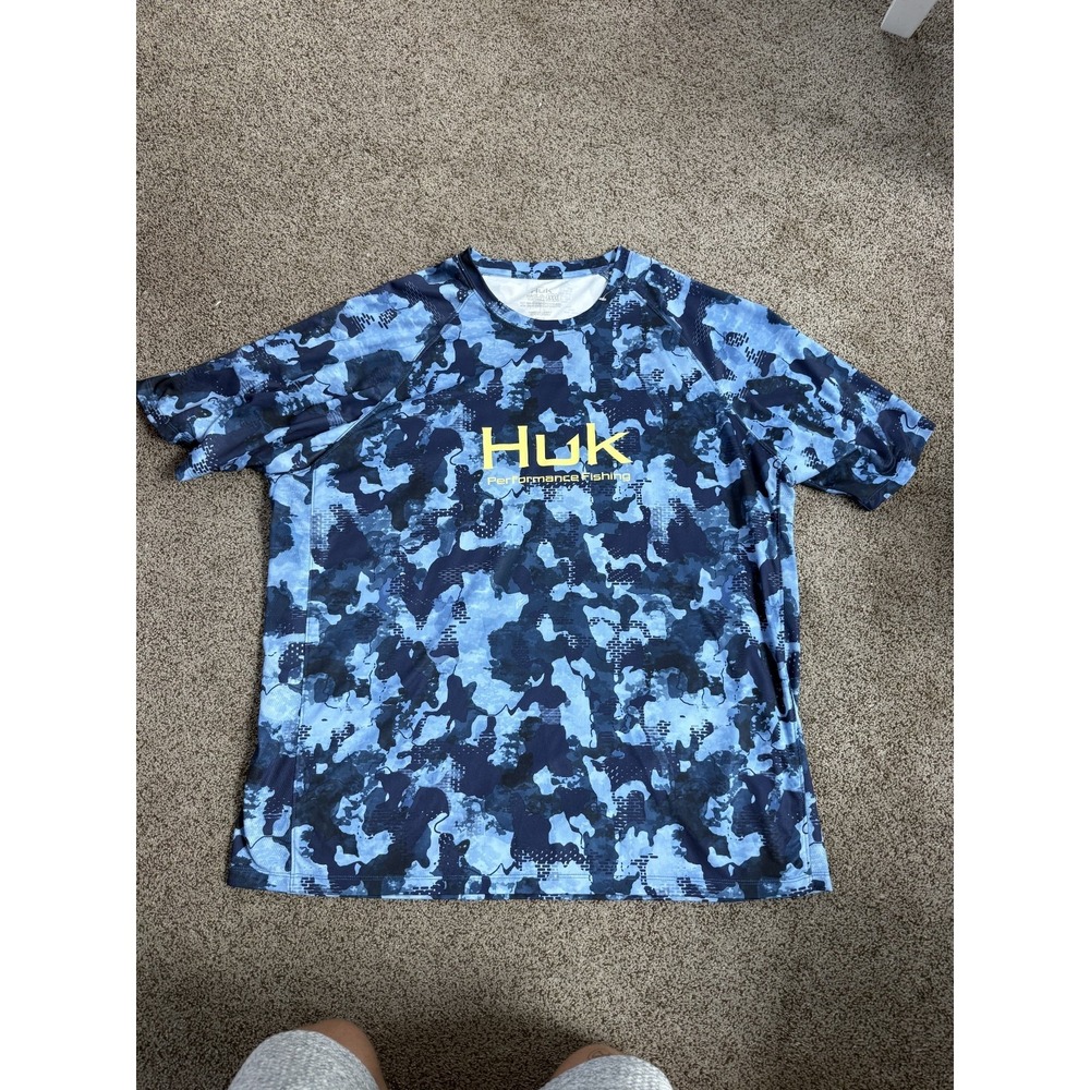 Huk Performance Fishing Shirt Mens XXXL Blue Mossy Oak Camo Short Sleeve UPF